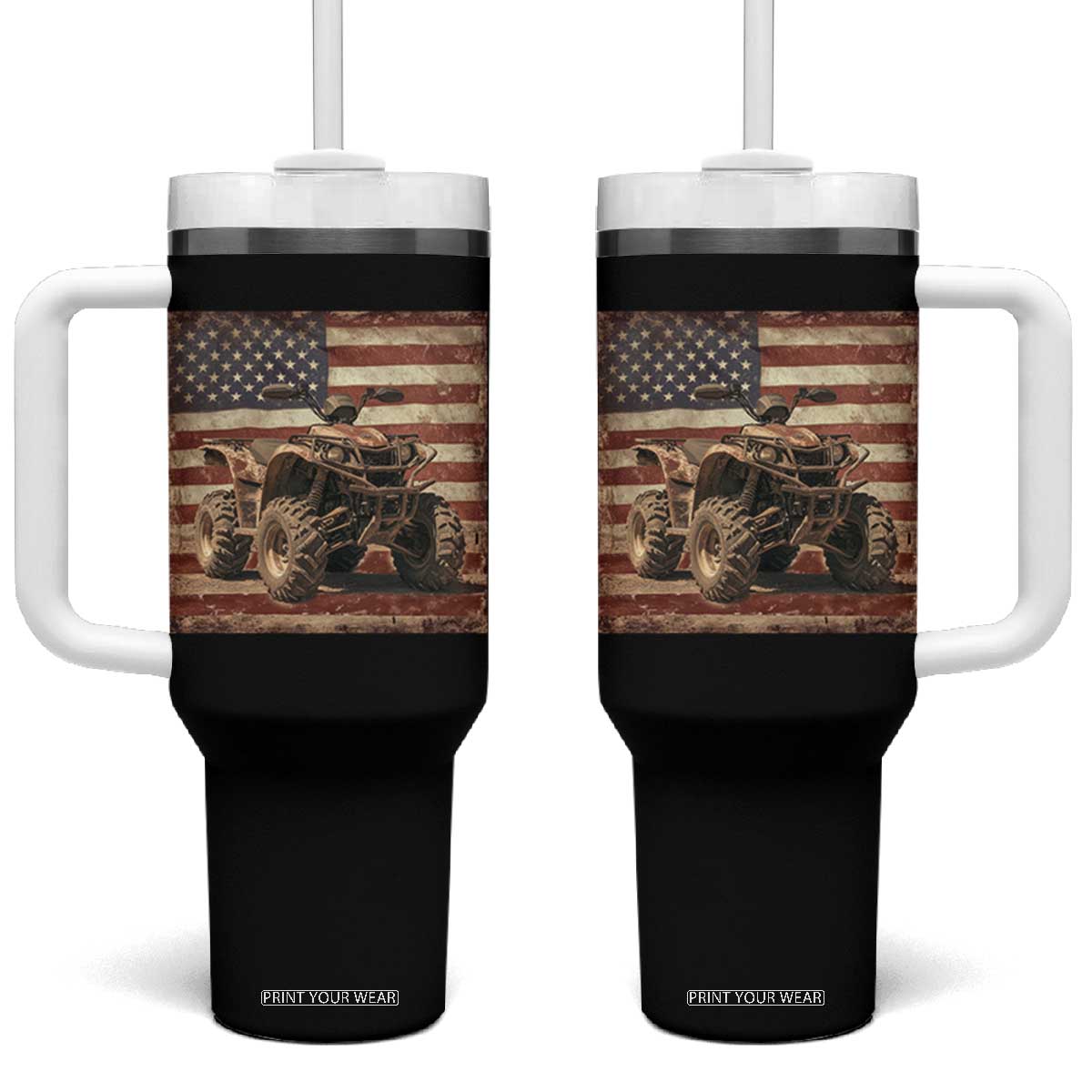American Flag Quad 4 Wheeler Tumbler With Handle Vintage Retro Cool ATV Quadrider Off Road Clothing TS10 One Size: 40 oz Black Print Your Wear