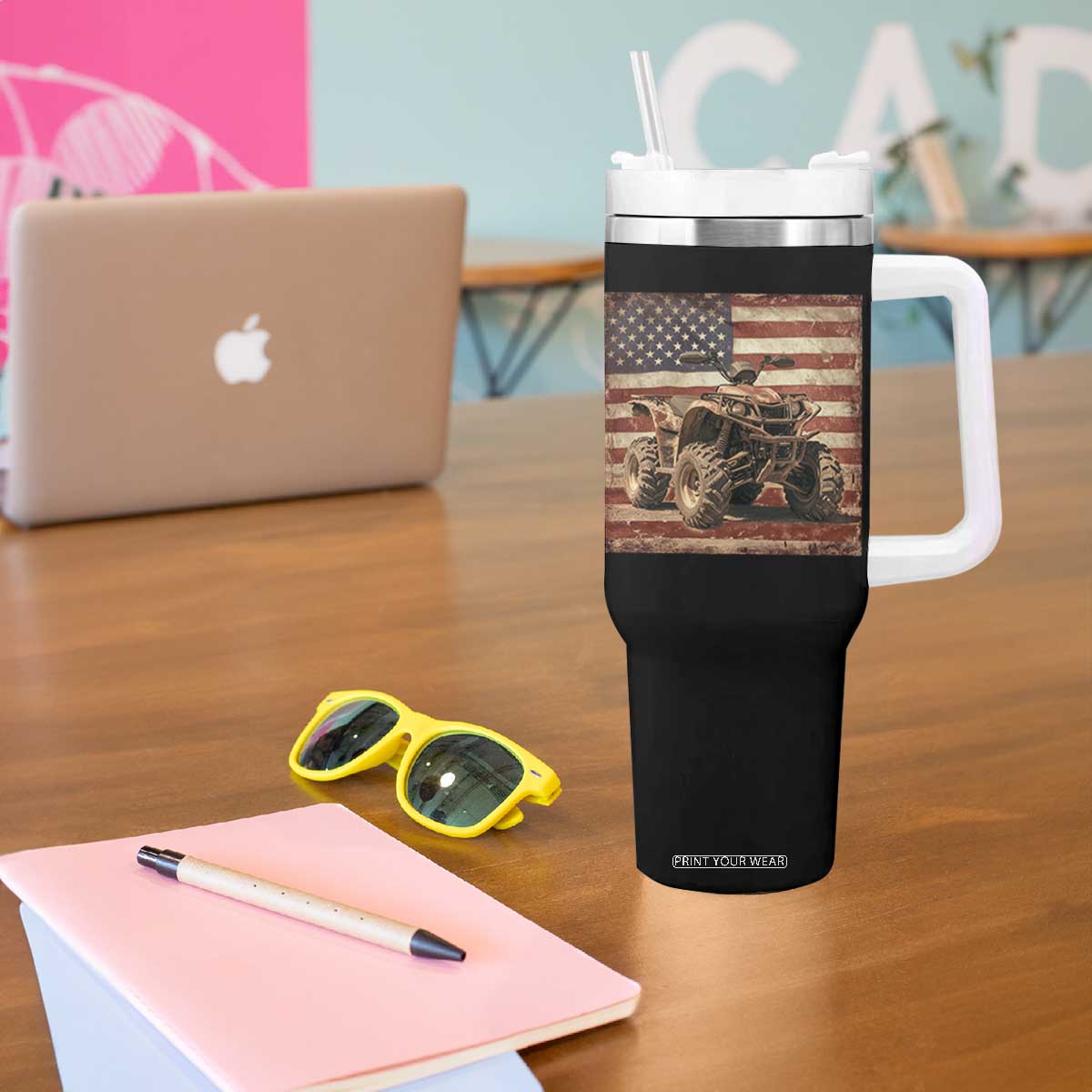 American Flag Quad 4 Wheeler Tumbler With Handle Vintage Retro Cool ATV Quadrider Off Road Clothing TS10 Print Your Wear
