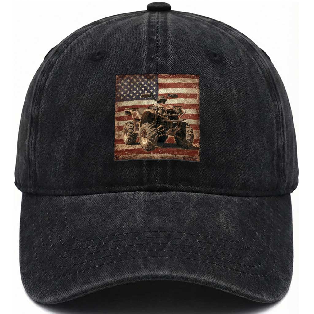 American Flag Quad 4 Wheeler Washed Cotton Baseball Cap Vintage Retro Cool ATV Quadrider Off Road Clothing TS10 Washed Cap Universal Fit Black Print Your Wear
