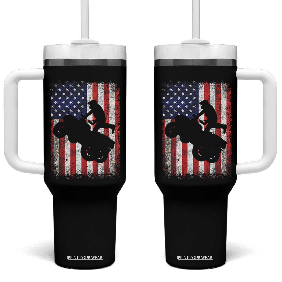 Cool ATV American Flag Tumbler With Handle Retro Quad 4 Wheeler ATV Riding Quadrider Off Road TS10 One Size: 40 oz Black Print Your Wear