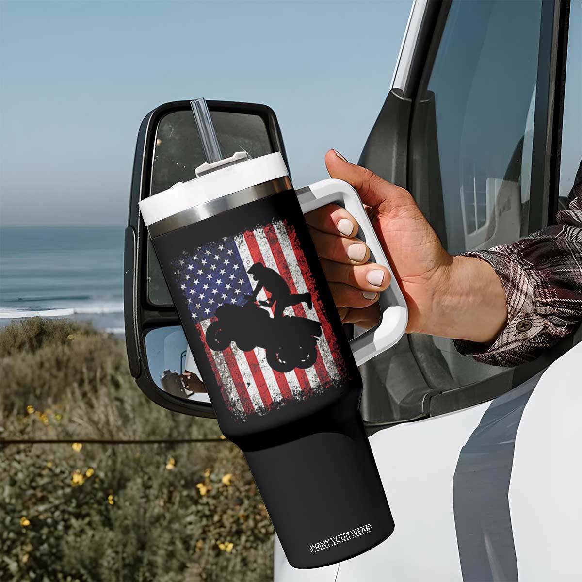 Cool ATV American Flag Tumbler With Handle Retro Quad 4 Wheeler ATV Riding Quadrider Off Road TS10 Print Your Wear