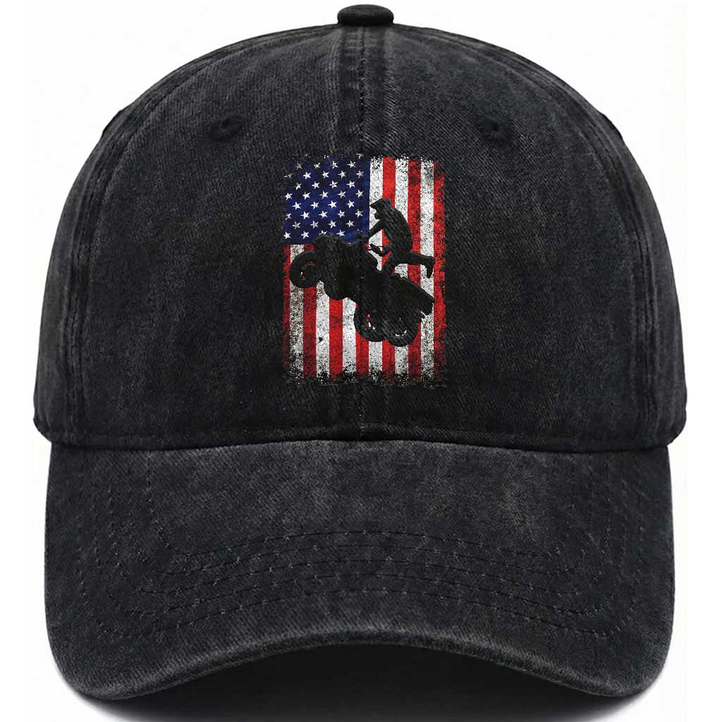 Cool ATV American Flag Washed Cotton Baseball Cap Retro Quad 4 Wheeler ATV Riding Quadrider Off Road TS10 Washed Cap Universal Fit Black Print Your Wear