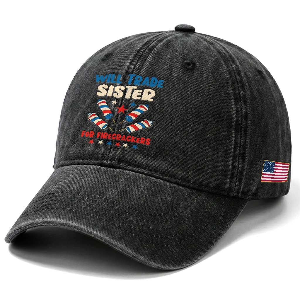 Trade Sister For Firecrackers Washed Cotton Baseball Cap Funny Boys 4th Of July Kids Patriotic TS10 Print Your Wear