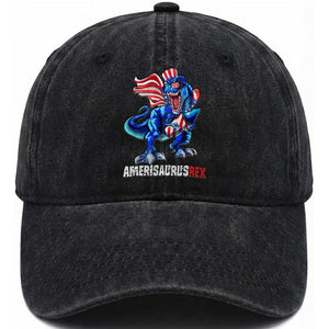 Dinosaur 4th of July Washed Cotton Baseball Cap Funny Boys Kids Patriotic TS10 Washed Cap Universal Fit Black Print Your Wear