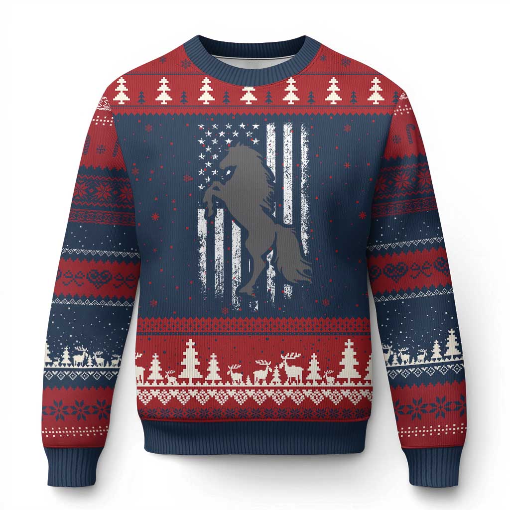 Patriotic Horse American Flag Ugly Christmas Sweater Horseback Riding Western Farm Vintage Horse TS10 Navy Red Print Your Wear