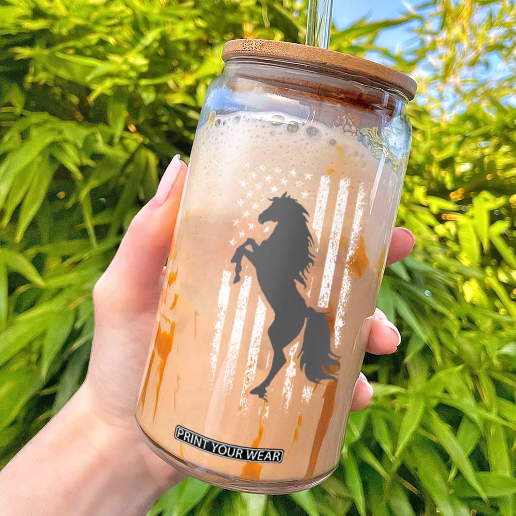 Patriotic Horse American Flag Glass Can Horseback Riding Western Farm Vintage Horse TS10 Black Print Your Wear