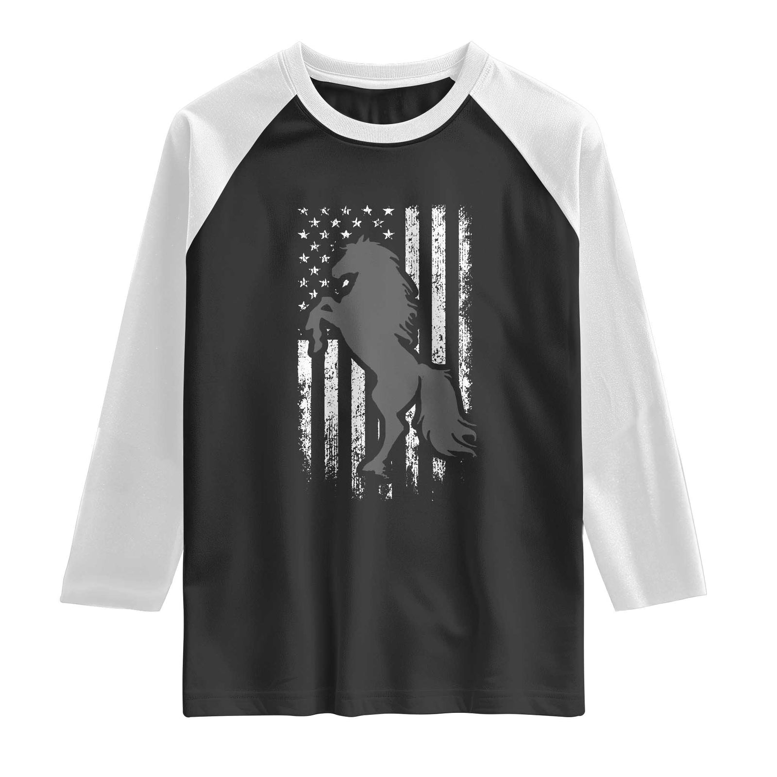 Patriotic Horse American Flag Raglan Shirt Horseback Riding Western Farm Vintage Horse TS10 Black White Print Your Wear