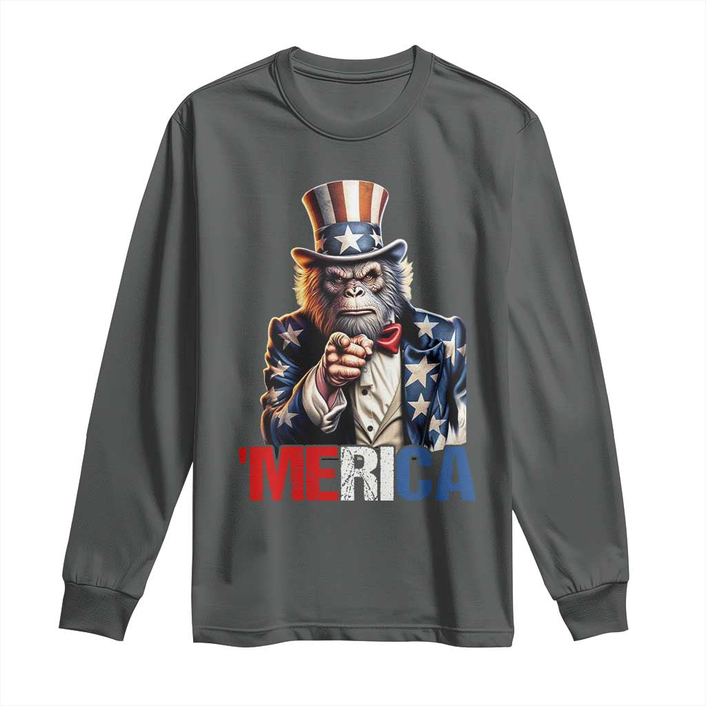 Bigfoot Merica Long Sleeve Shirt American Flag Patriotic 4th Of July Uncle Sam TS10 Dark Heather Print Your Wear