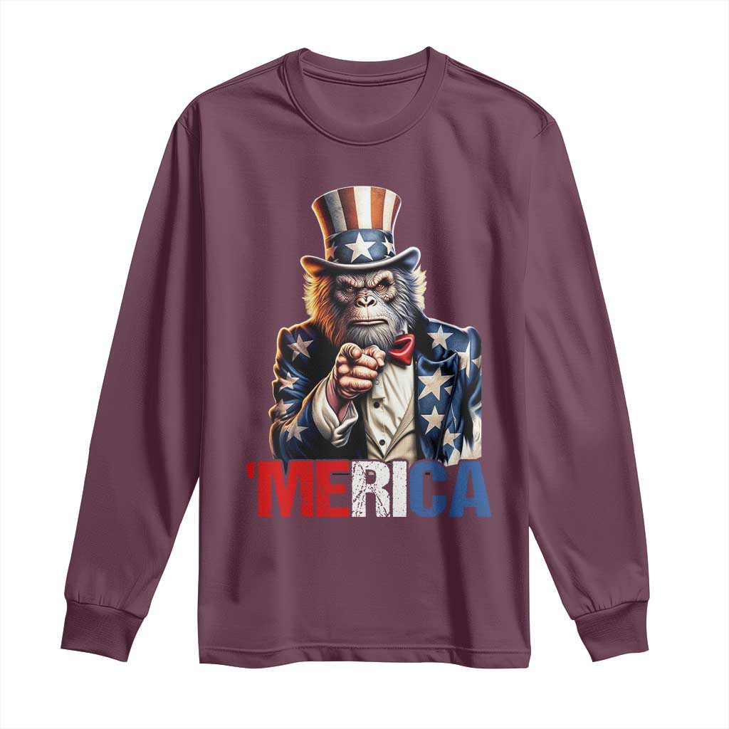 Bigfoot Merica Long Sleeve Shirt American Flag Patriotic 4th Of July Uncle Sam TS10 Maroon Print Your Wear
