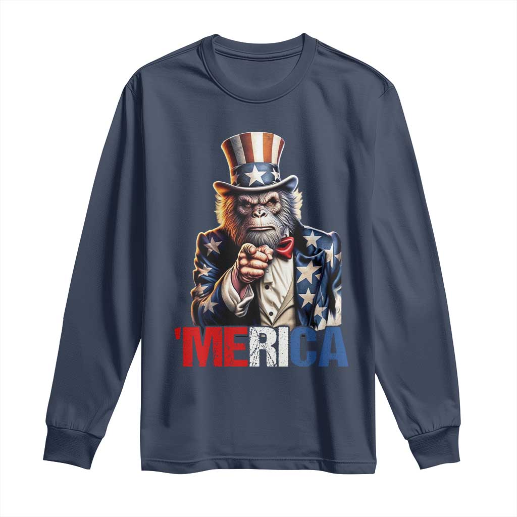 Bigfoot Merica Long Sleeve Shirt American Flag Patriotic 4th Of July Uncle Sam TS10 Navy Print Your Wear