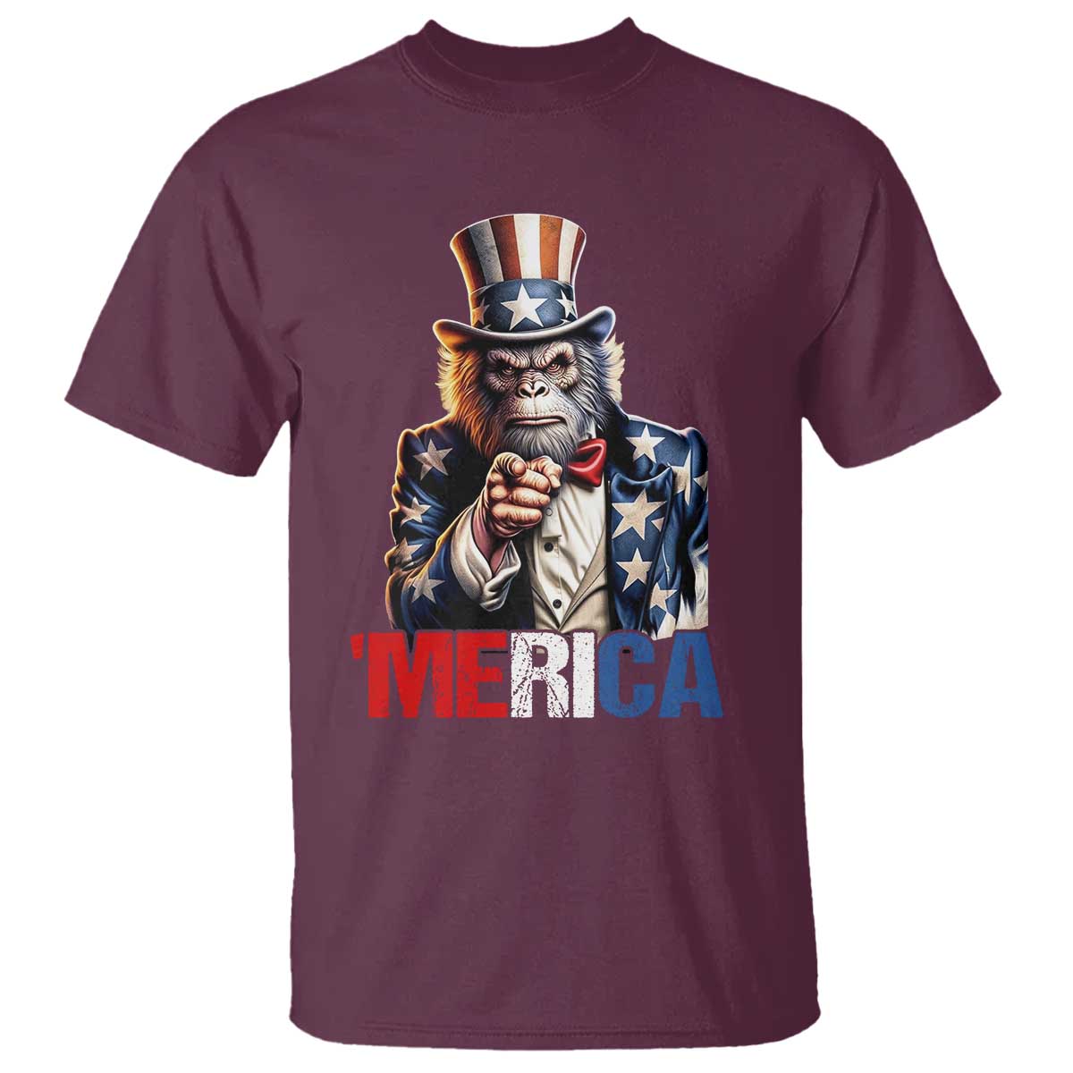 Bigfoot Merica T Shirt American Flag Patriotic 4th Of July Uncle Sam TS10 Maroon Print Your Wear
