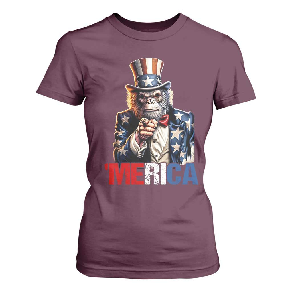Bigfoot Merica T Shirt For Women American Flag Patriotic 4th Of July Uncle Sam TS10 Maroon Print Your Wear
