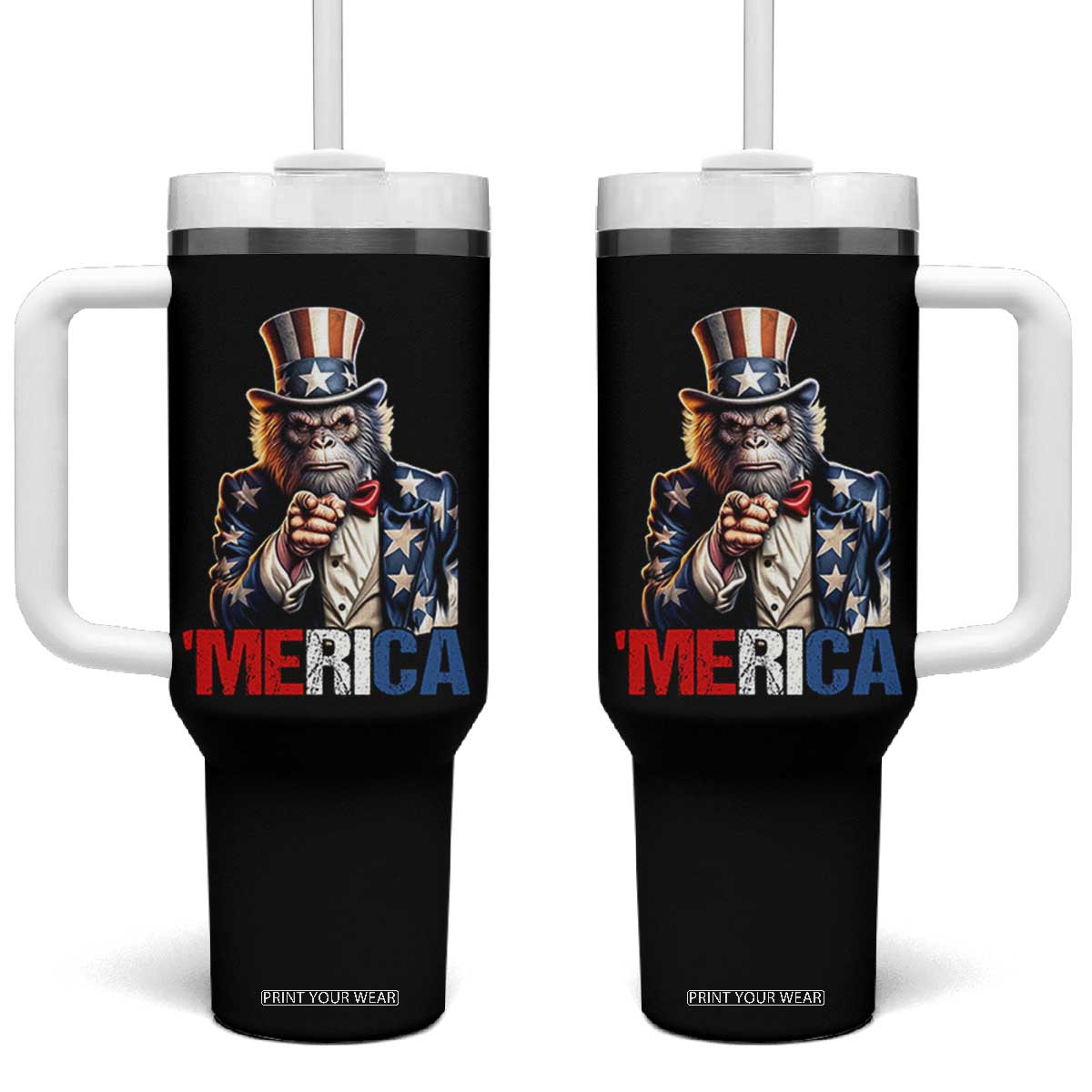 Bigfoot Merica Tumbler With Handle American Flag Patriotic 4th Of July Uncle Sam TS10 One Size: 40 oz Black Print Your Wear