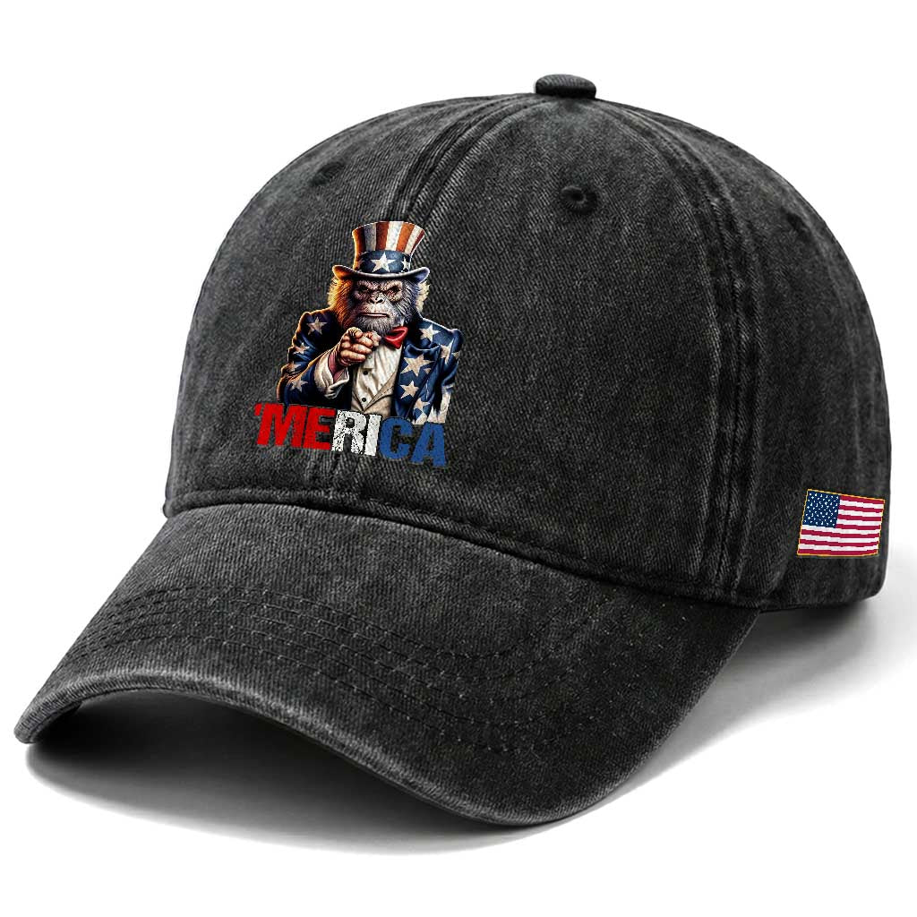 Bigfoot Merica Washed Cotton Baseball Cap American Flag Patriotic 4th Of July Uncle Sam TS10 Print Your Wear