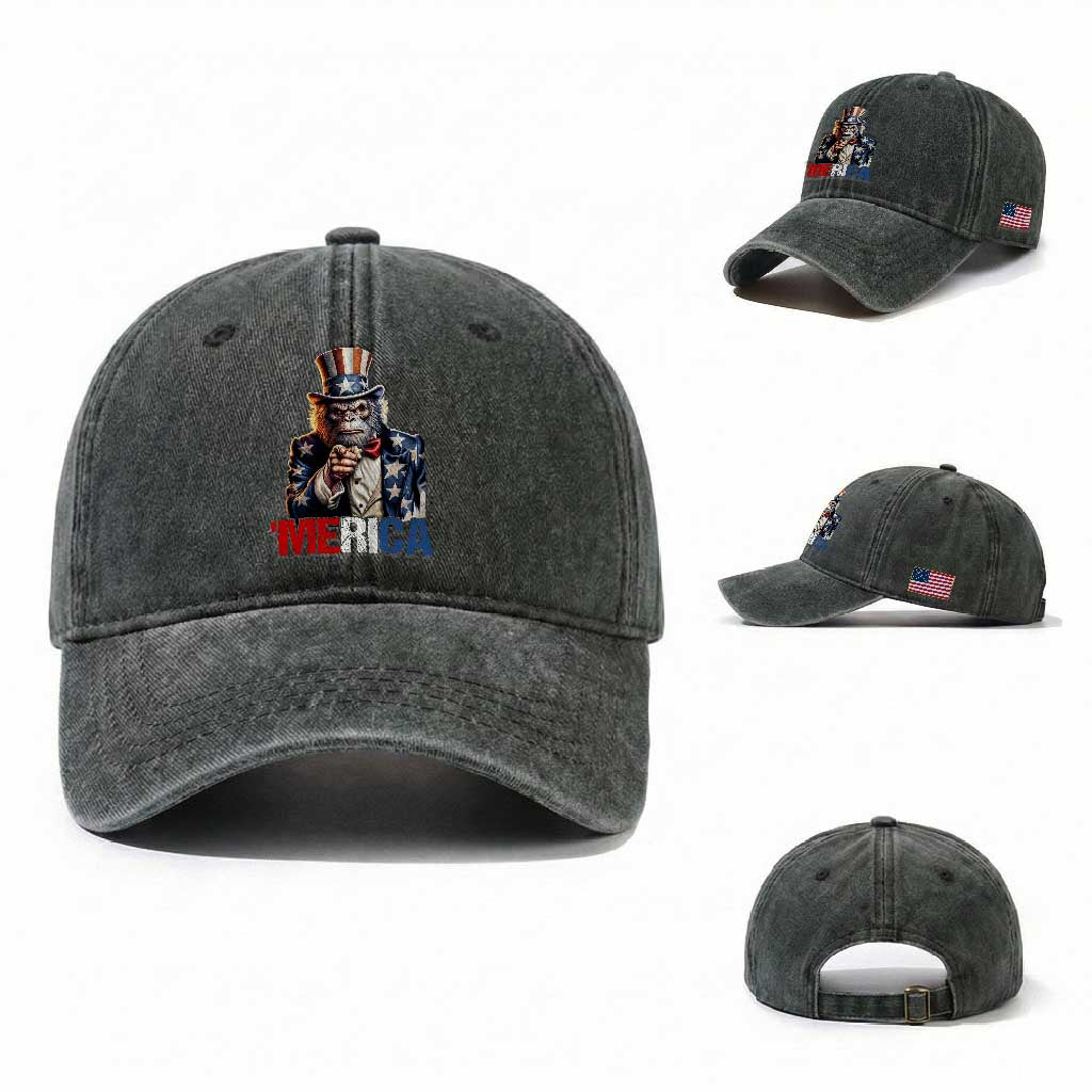 Bigfoot Merica Washed Cotton Baseball Cap American Flag Patriotic 4th Of July Uncle Sam TS10 Washed Cap Universal Fit Dark Green Print Your Wear