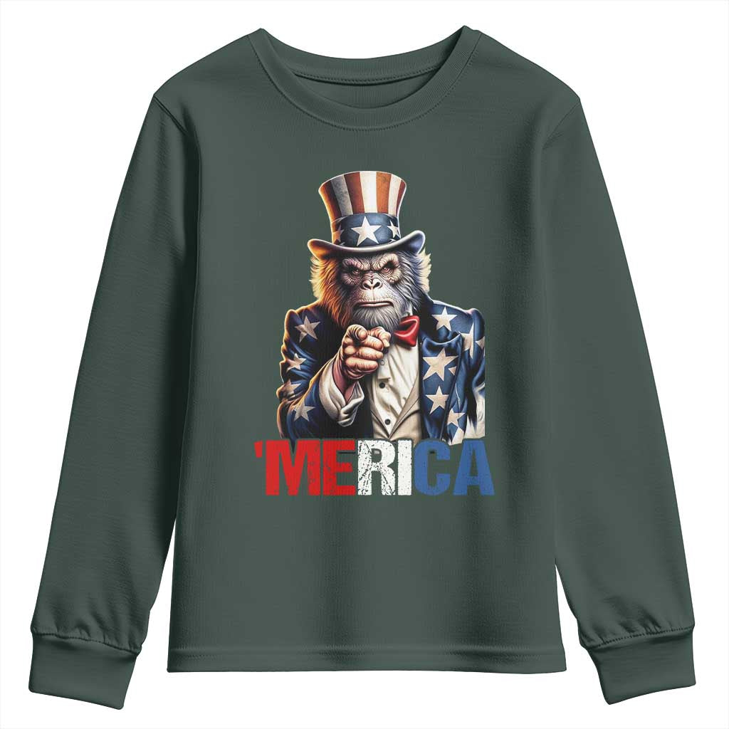 Bigfoot Merica Youth Sweatshirt American Flag Patriotic 4th Of July Uncle Sam TS10 Dark Forest Green Print Your Wear