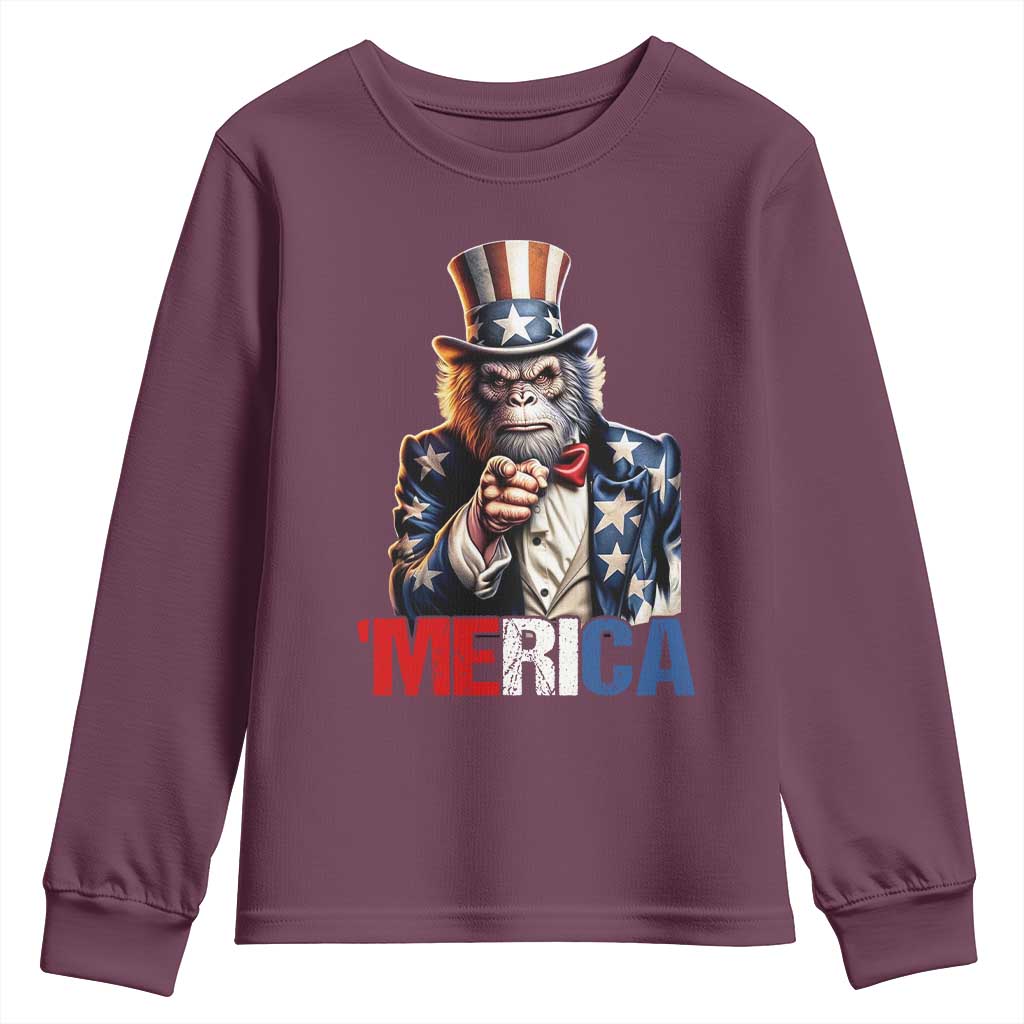 Bigfoot Merica Youth Sweatshirt American Flag Patriotic 4th Of July Uncle Sam TS10 Maroon Print Your Wear