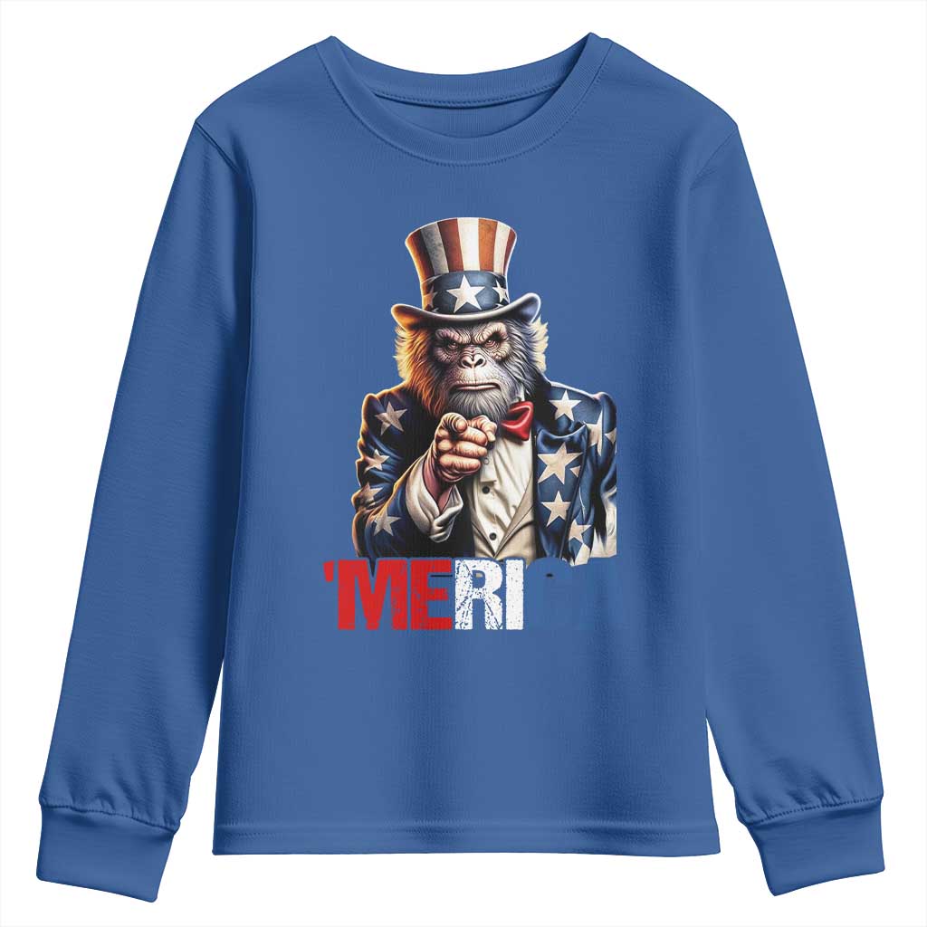 Bigfoot Merica Youth Sweatshirt American Flag Patriotic 4th Of July Uncle Sam TS10 Royal Blue Print Your Wear