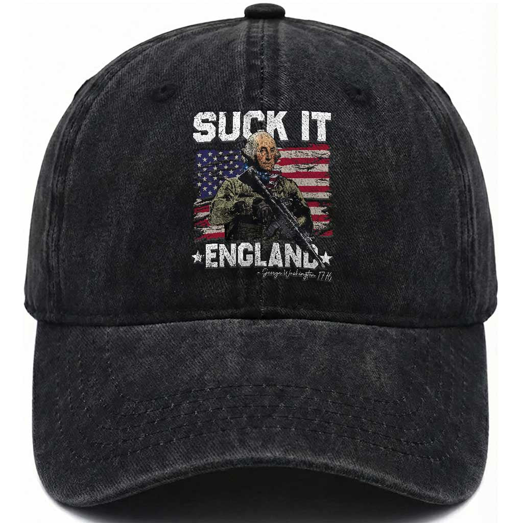 Suck It England Funny 4th of July George Washington 1776 Washed Cotton Baseball Cap TS10 Washed Cap Universal Fit Black Print Your Wear