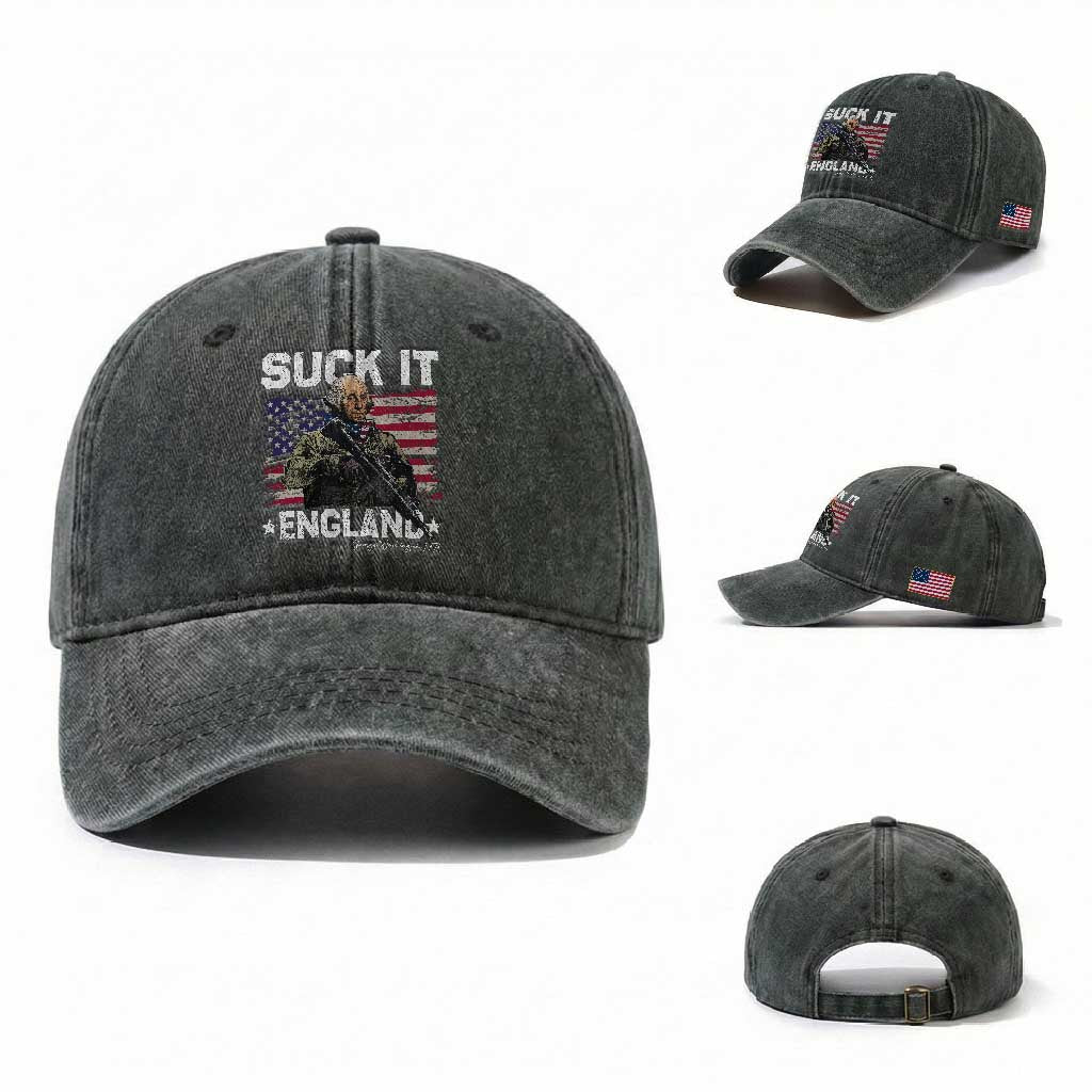 Suck It England Funny 4th of July George Washington 1776 Washed Cotton Baseball Cap TS10 Washed Cap Universal Fit Dark Green Print Your Wear