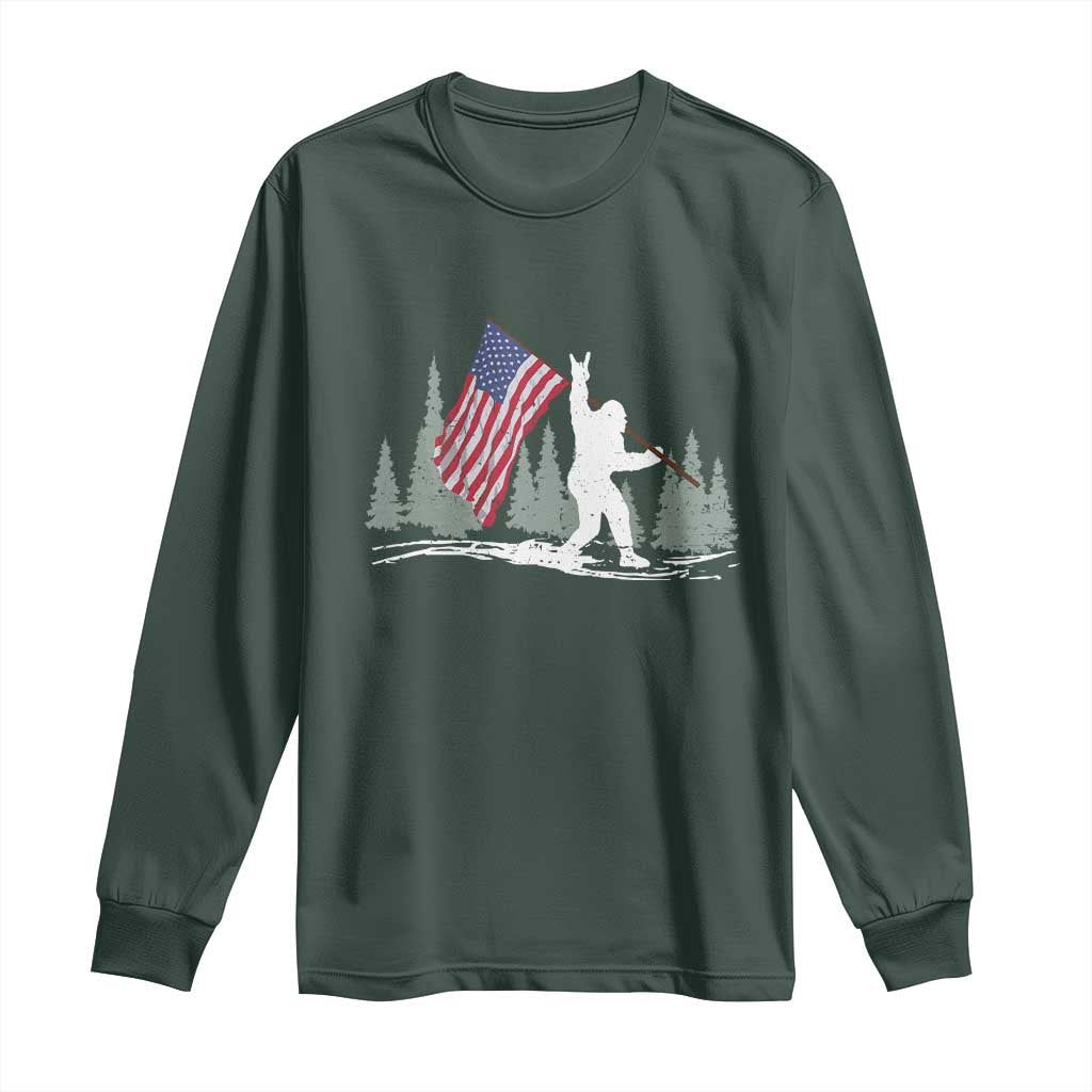 Bigfoot Long Sleeve Shirt Sasquatch American Flag Patriotic TS10 Dark Forest Green Print Your Wear