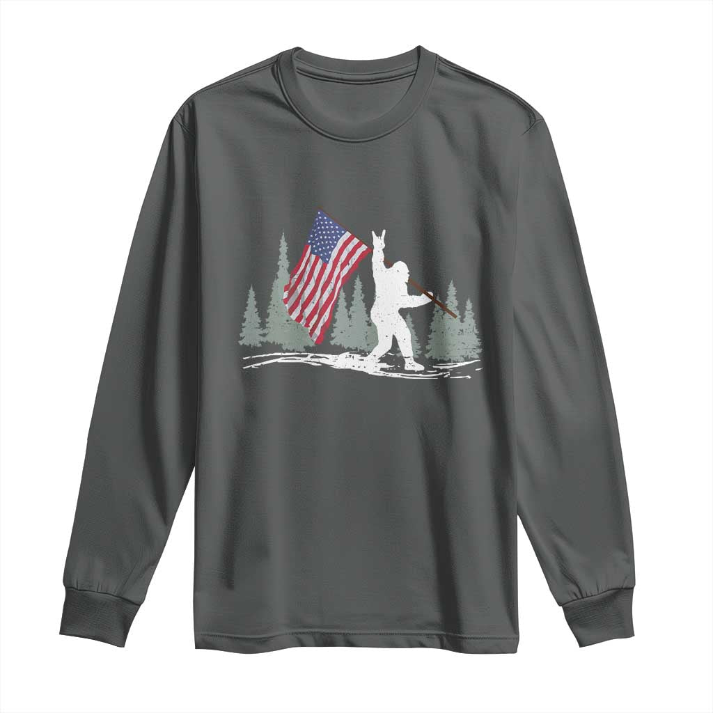 Bigfoot Long Sleeve Shirt Sasquatch American Flag Patriotic TS10 Dark Heather Print Your Wear