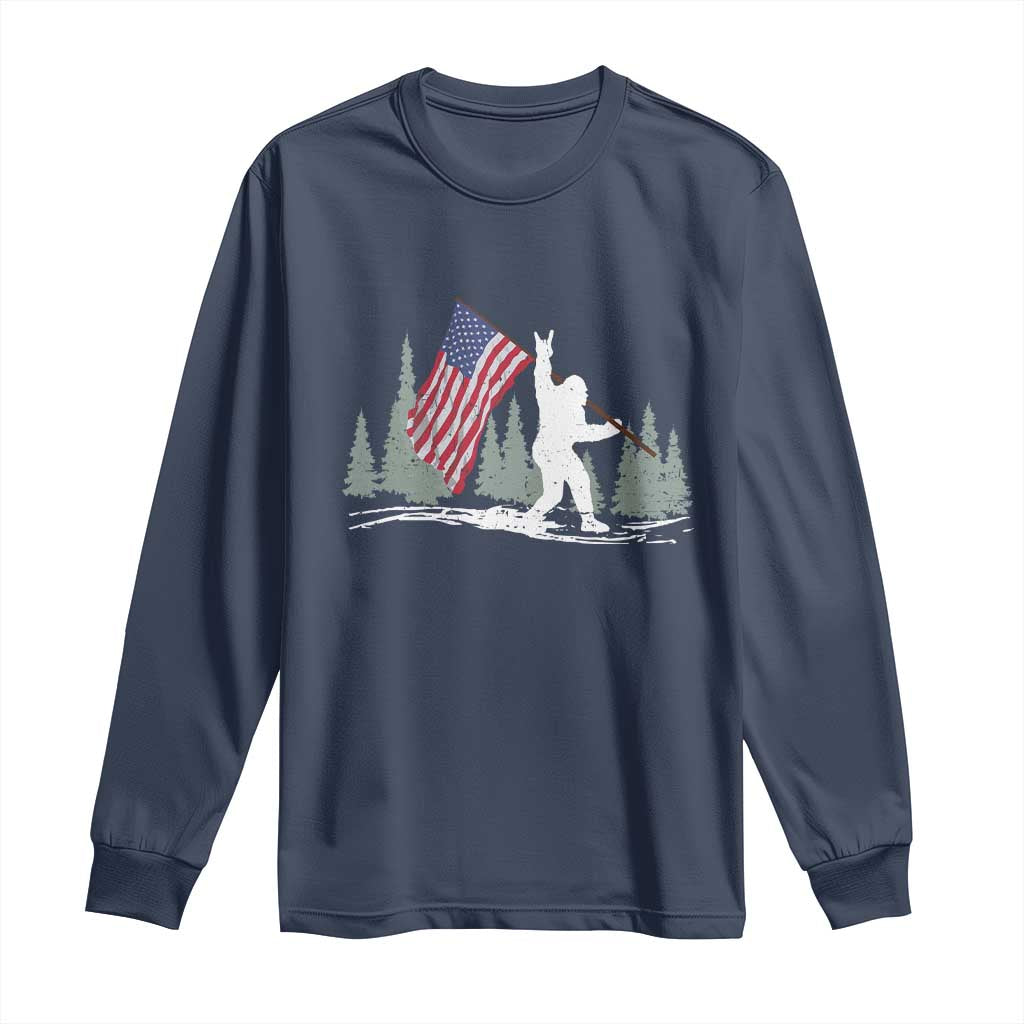 Bigfoot Long Sleeve Shirt Sasquatch American Flag Patriotic TS10 Navy Print Your Wear