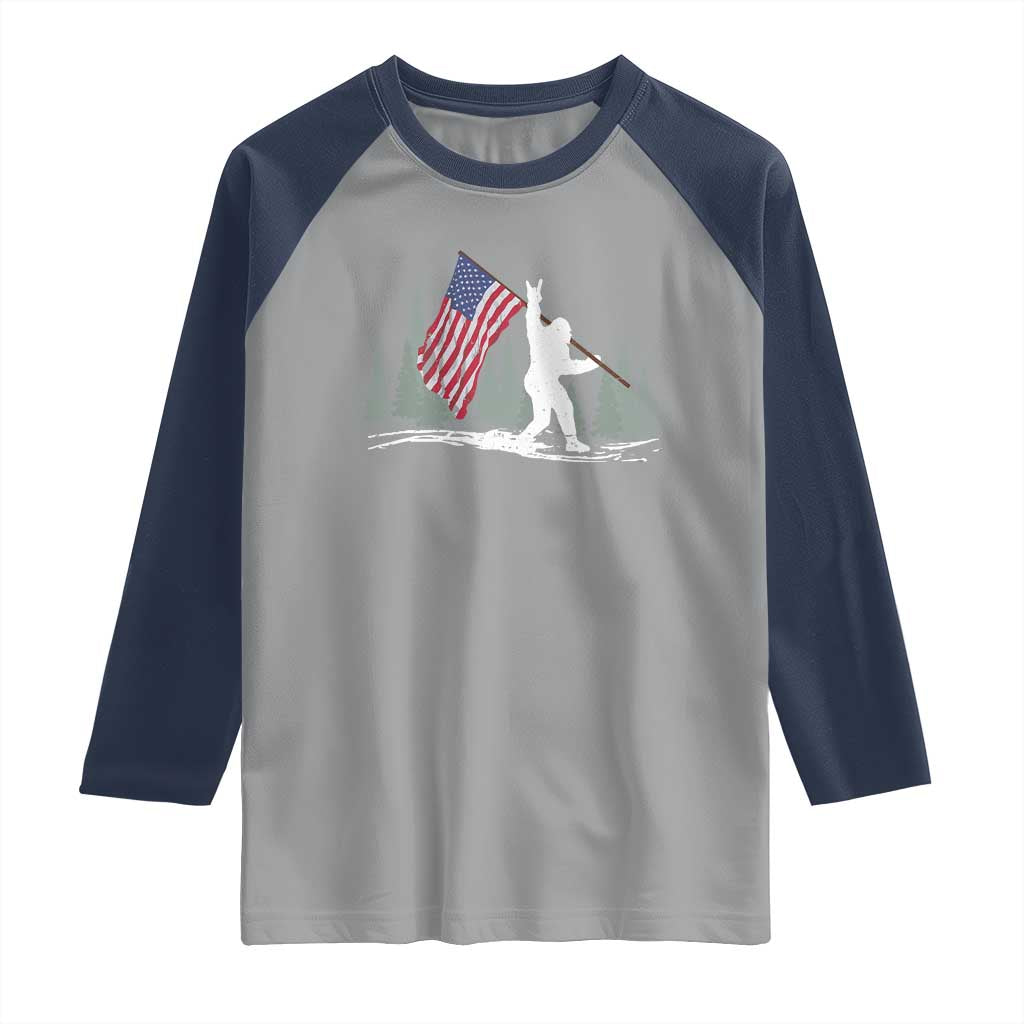 Bigfoot Raglan Shirt Sasquatch American Flag Patriotic TS10 Sport Gray Navy Print Your Wear