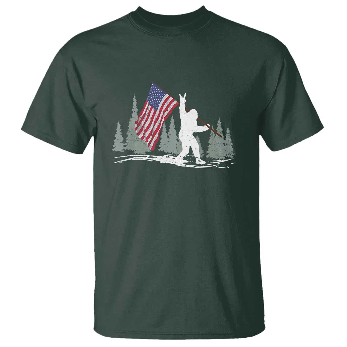 Bigfoot T Shirt Sasquatch American Flag Patriotic TS10 Dark Forest Green Print Your Wear