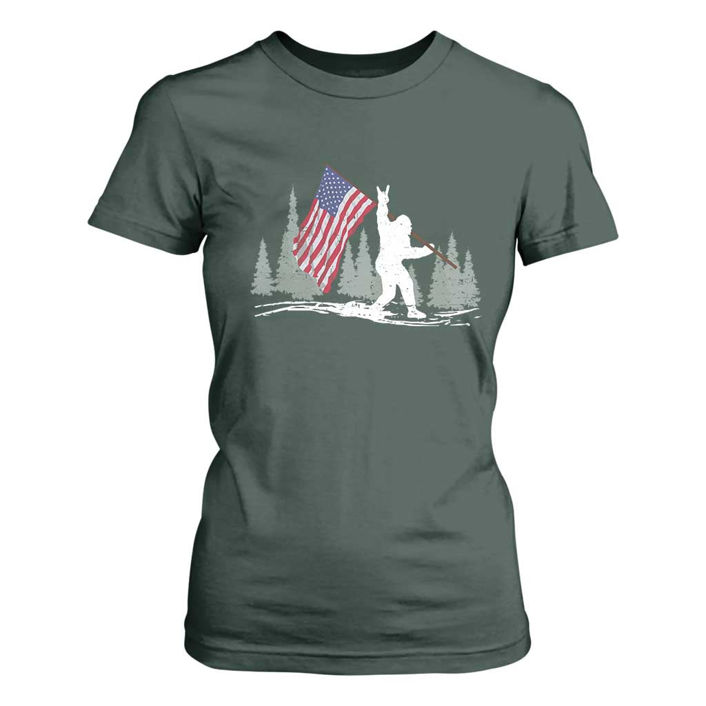 Bigfoot T Shirt For Women Sasquatch American Flag Patriotic TS10 Dark Forest Green Print Your Wear