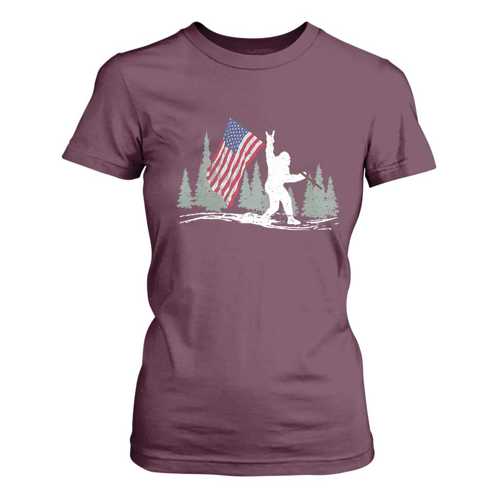 Bigfoot T Shirt For Women Sasquatch American Flag Patriotic TS10 Maroon Print Your Wear