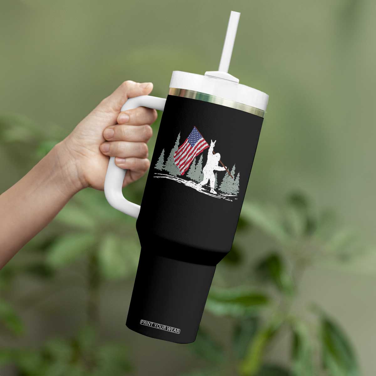 Bigfoot Tumbler With Handle Sasquatch American Flag Patriotic TS10 Print Your Wear