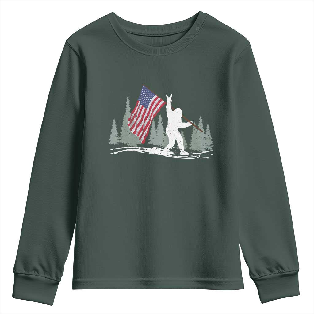 Bigfoot Youth Sweatshirt Sasquatch American Flag Patriotic TS10 Dark Forest Green Print Your Wear