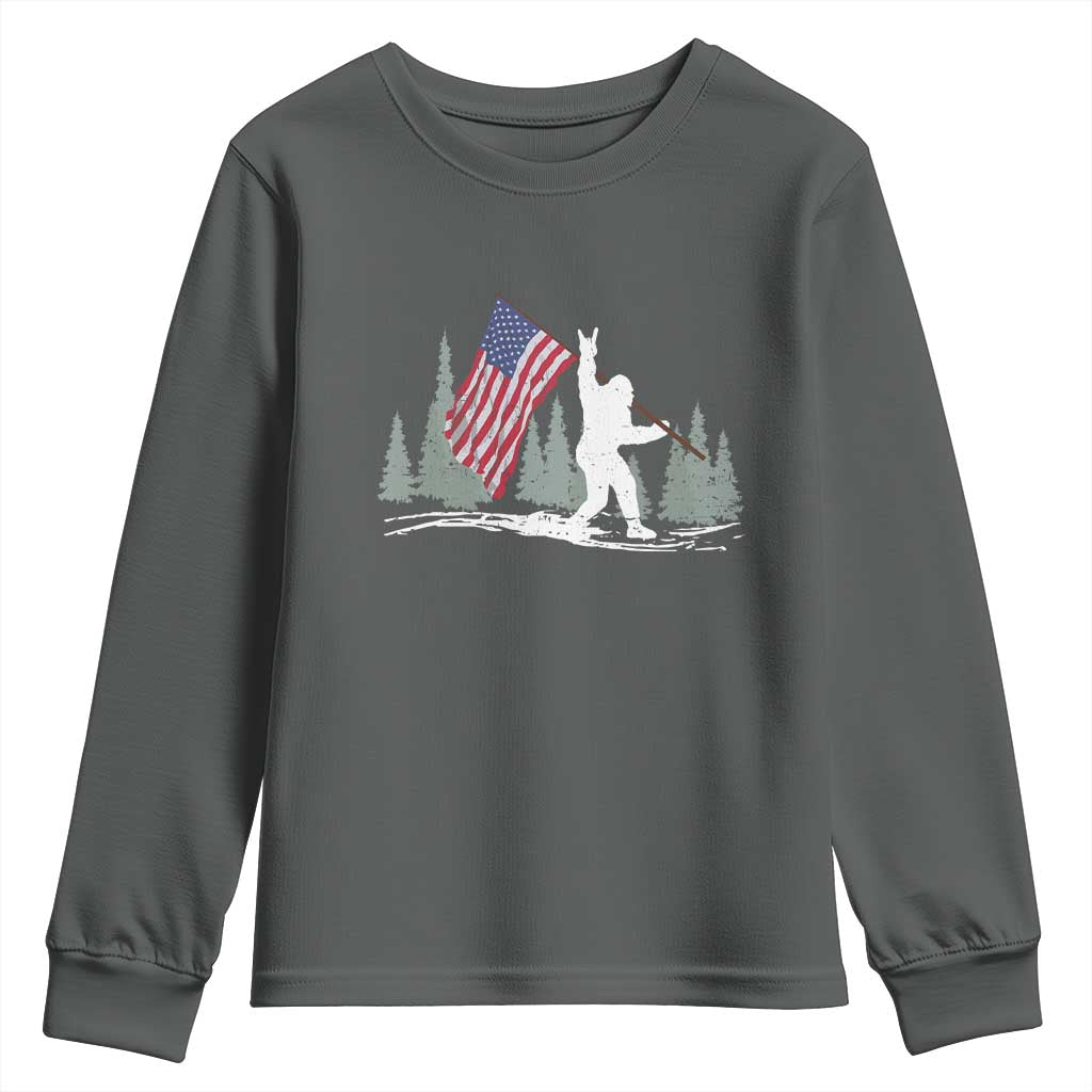 Bigfoot Youth Sweatshirt Sasquatch American Flag Patriotic TS10 Dark Heather Print Your Wear