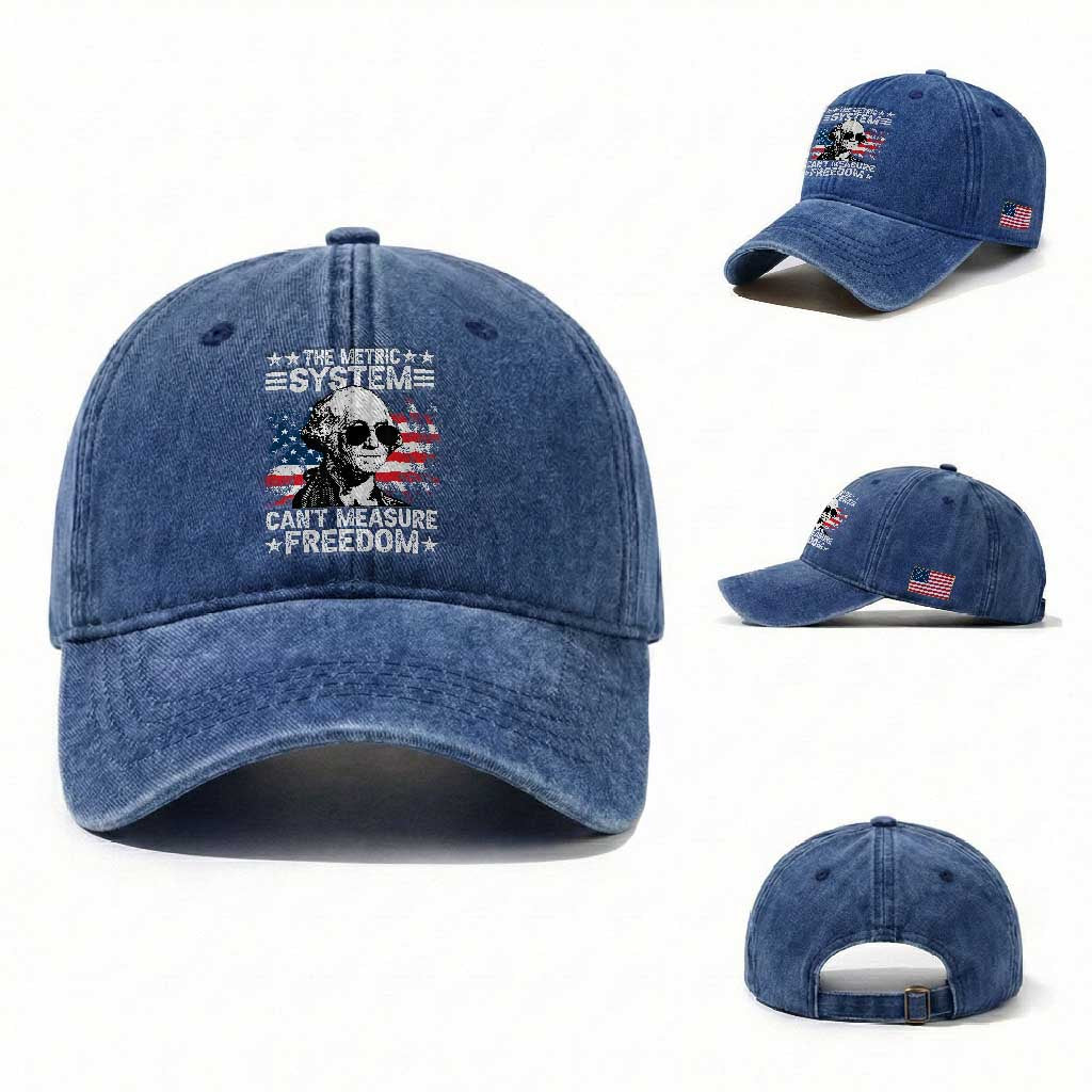 Funny 4th of July The Metric System Can't Measure Freedom Washed Cotton Baseball Cap George Washington American Flag TS10 Washed Cap Universal Fit Royal Blue Print Your Wear