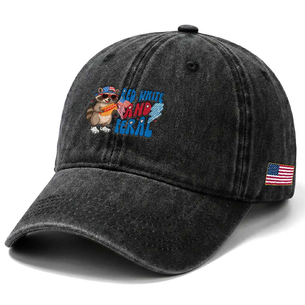 Funny Raccoon 4th of July Washed Cotton Baseball Cap Red White and Feral Patriotic TS10 Print Your Wear