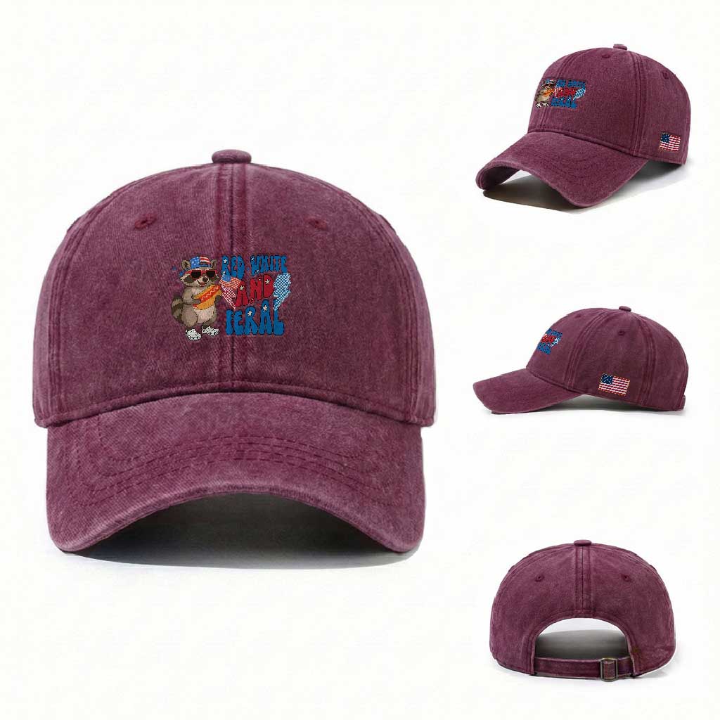 Funny Raccoon 4th of July Washed Cotton Baseball Cap Red White and Feral Patriotic TS10 Washed Cap Universal Fit Burgundy Print Your Wear
