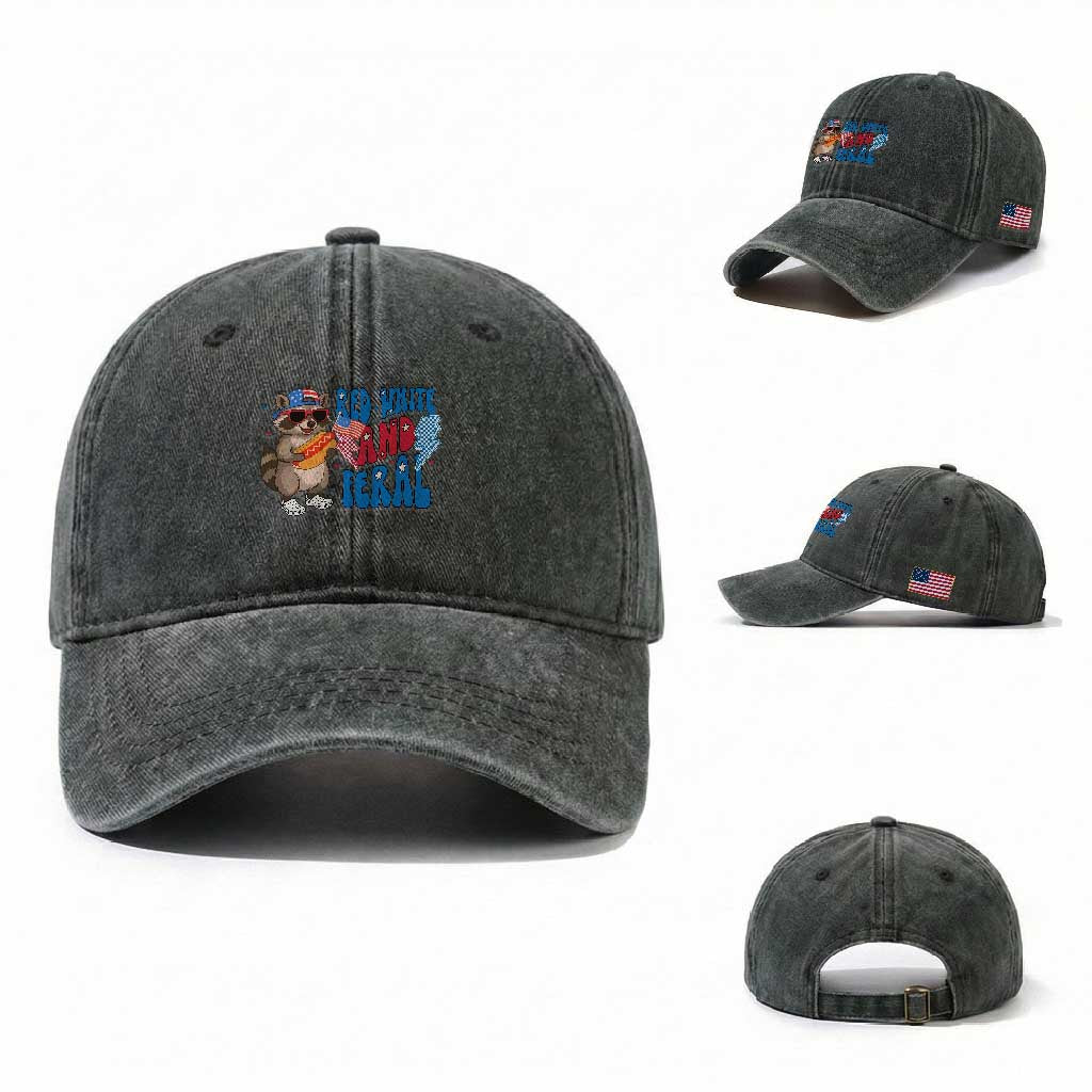 Funny Raccoon 4th of July Washed Cotton Baseball Cap Red White and Feral Patriotic TS10 Washed Cap Universal Fit Dark Green Print Your Wear
