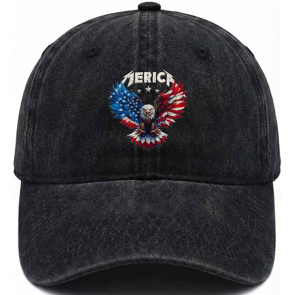Bald Eagle Merica Washed Cotton Baseball Cap USA American Flag Patriotic 4th of July TS10 Washed Cap Universal Fit Black Print Your Wear