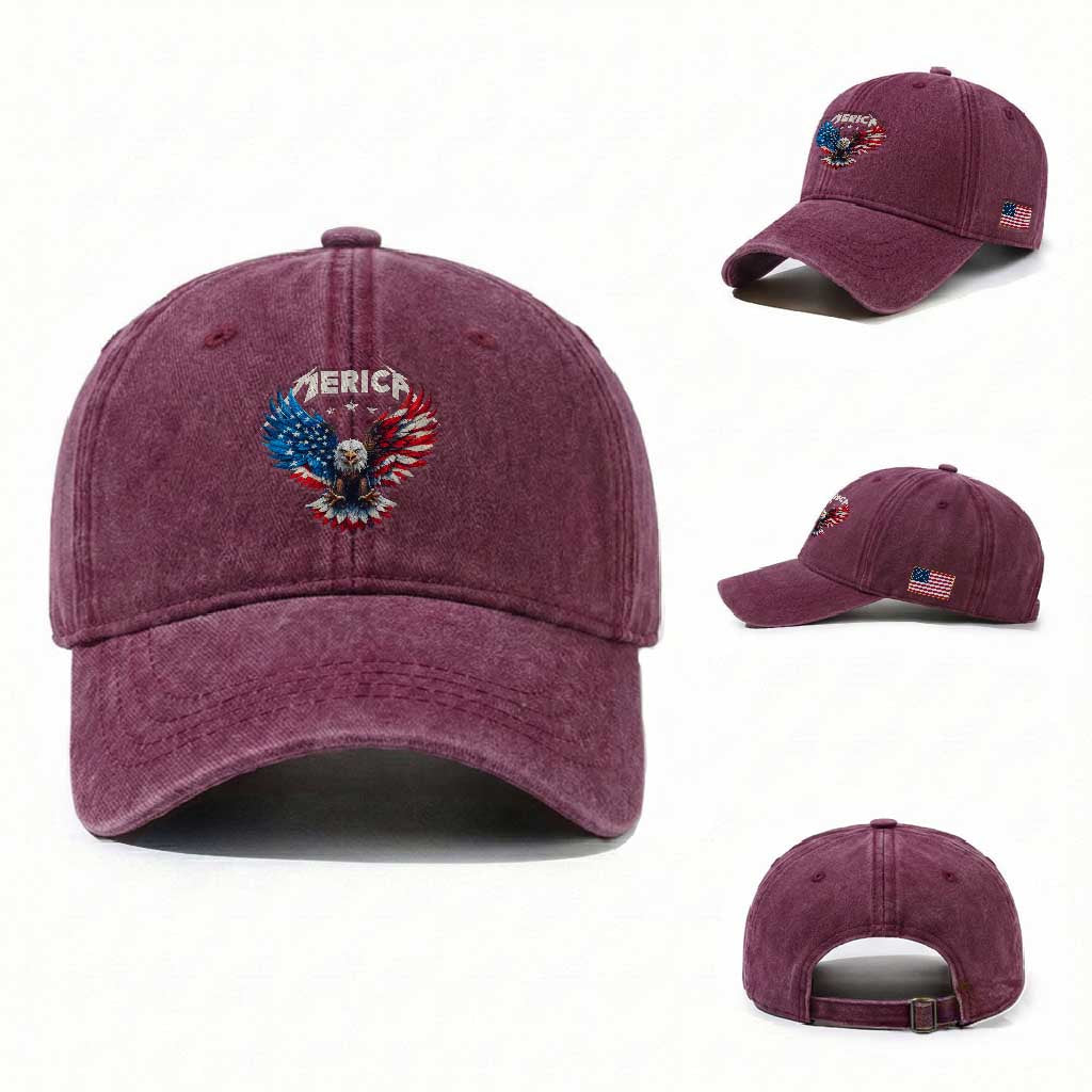 Bald Eagle Merica Washed Cotton Baseball Cap USA American Flag Patriotic 4th of July TS10 Washed Cap Universal Fit Burgundy Print Your Wear