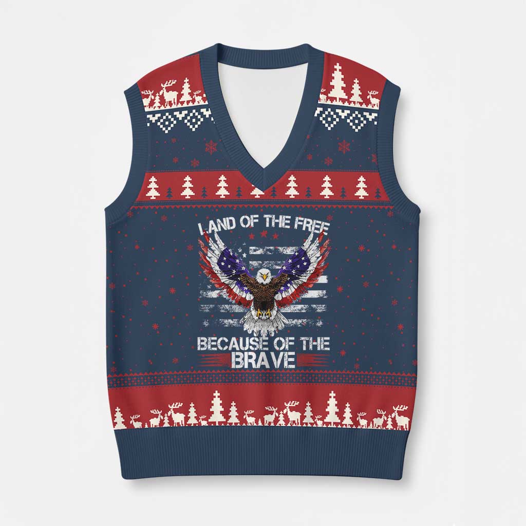Land of the Free Because of the Brave V-Neck Knit Sweater Vest American Flag Patriotic Eagle 4th of July TS10 Navy Red Print Your Wear