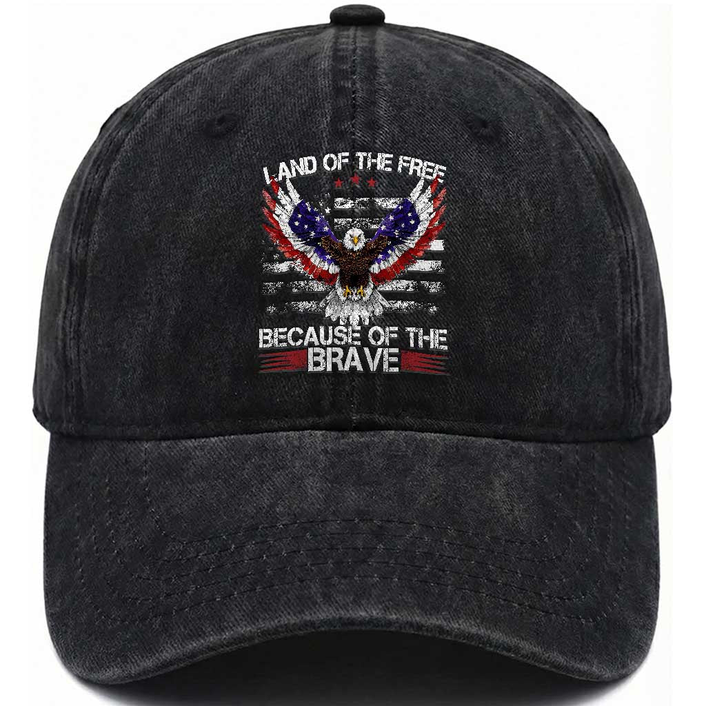 Land of the Free Because of the Brave Washed Cotton Baseball Cap American Flag Patriotic Eagle 4th of July TS10 Washed Cap Universal Fit Black Print Your Wear