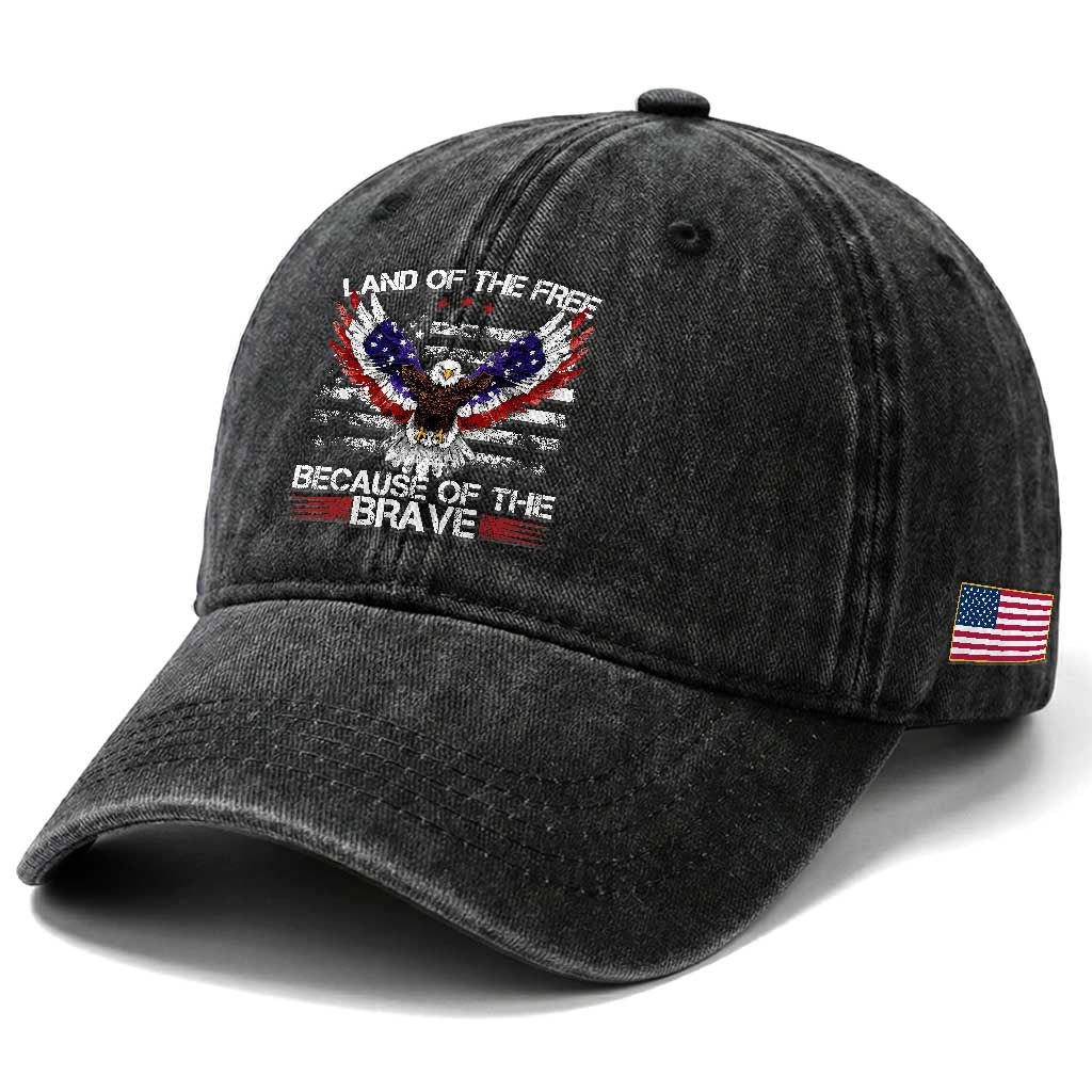 Land of the Free Because of the Brave Washed Cotton Baseball Cap American Flag Patriotic Eagle 4th of July TS10 Print Your Wear