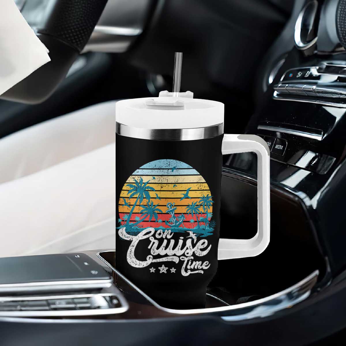On Cruise Time Tumbler With Handle Retro Summer Vacation Cruising TS10 Print Your Wear