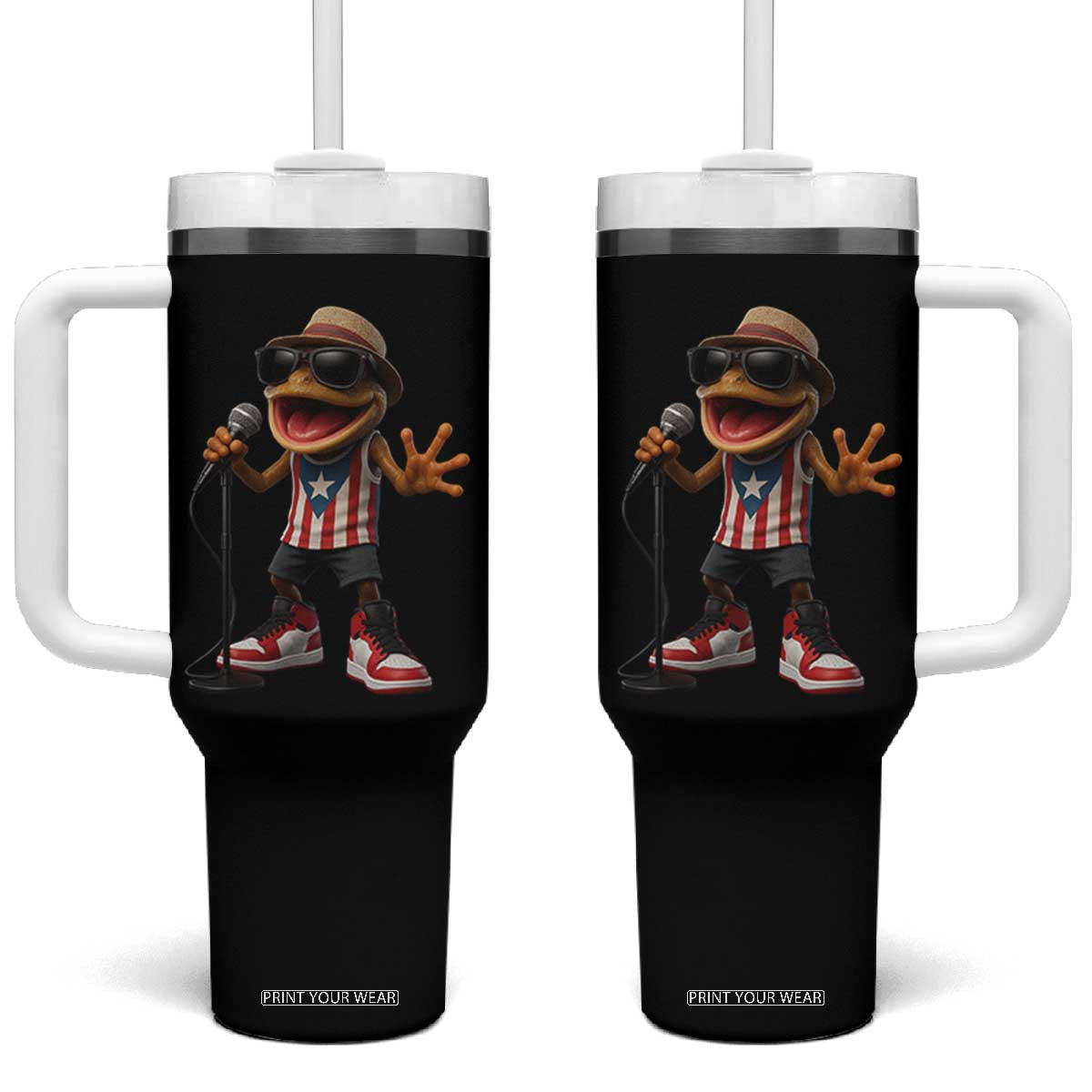 Coqui Puerto Rican Flag Tumbler With Handle Taino Boricua Frog Singing TS10 One Size: 40 oz Black Print Your Wear