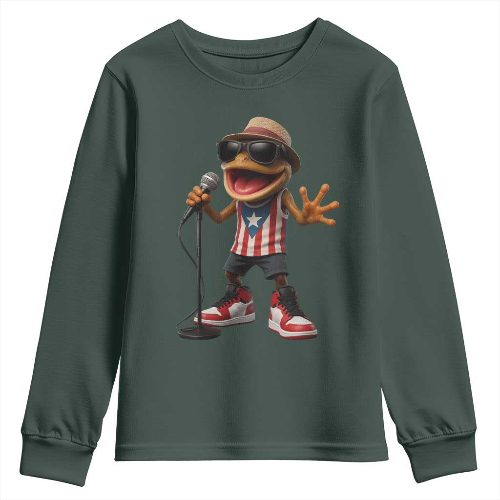Coqui Puerto Rican Flag Youth Sweatshirt Taino Boricua Frog Singing TS10 Dark Forest Green Print Your Wear