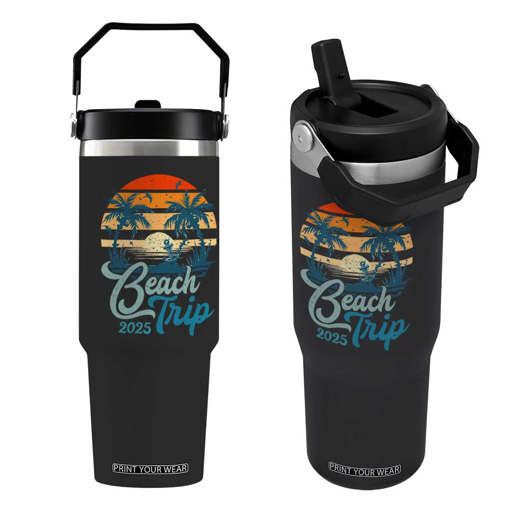 Beach Trip 2025 Flip Straw Tumbler Summer Vacation Vintage 70's Retro TS10 One Size: 30 oz Black Print Your Wear
