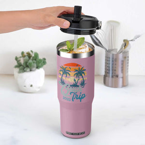 Beach Trip 2025 Flip Straw Tumbler Summer Vacation Vintage 70's Retro TS10 One Size: 30 oz Light Pink Print Your Wear