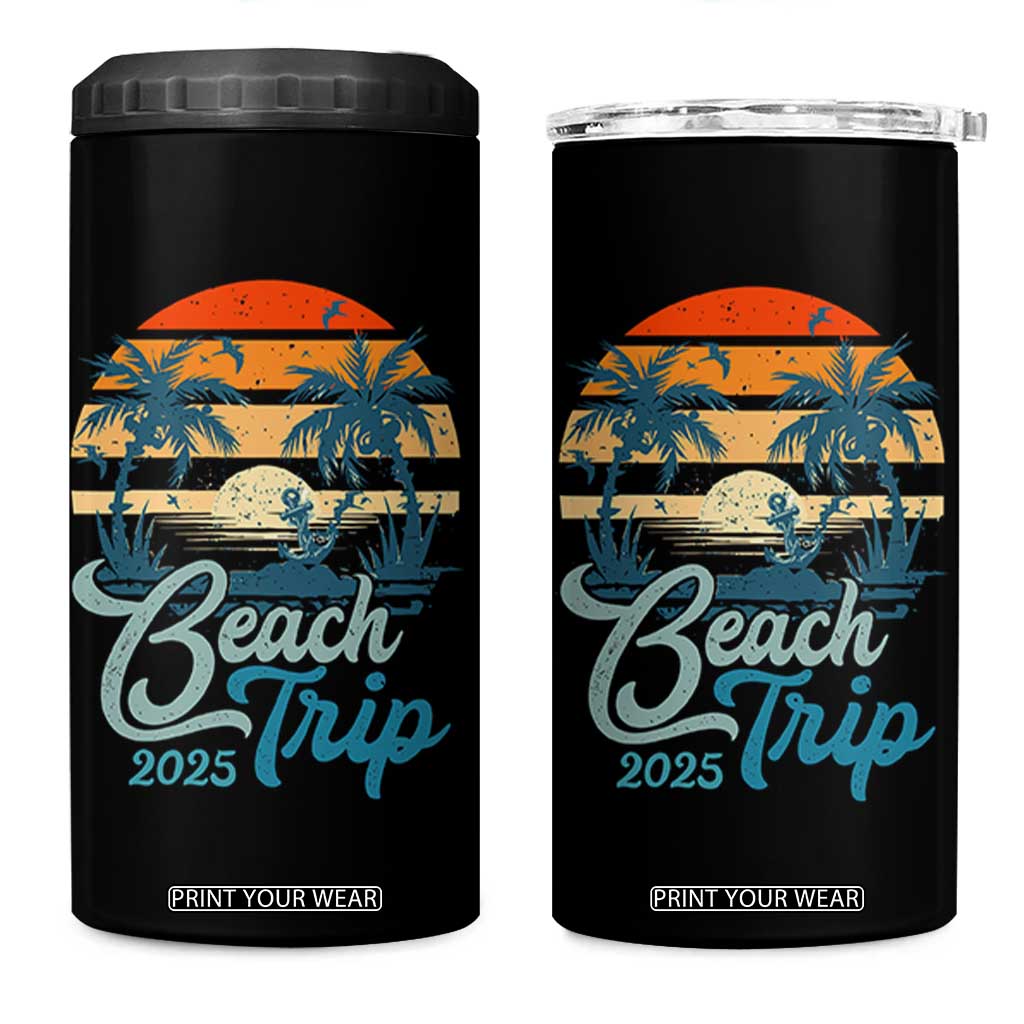 Beach Trip 2025 4 in 1 Can Cooler Tumbler Summer Vacation Vintage 70's Retro TS10 One Size: 16 oz Black Print Your Wear