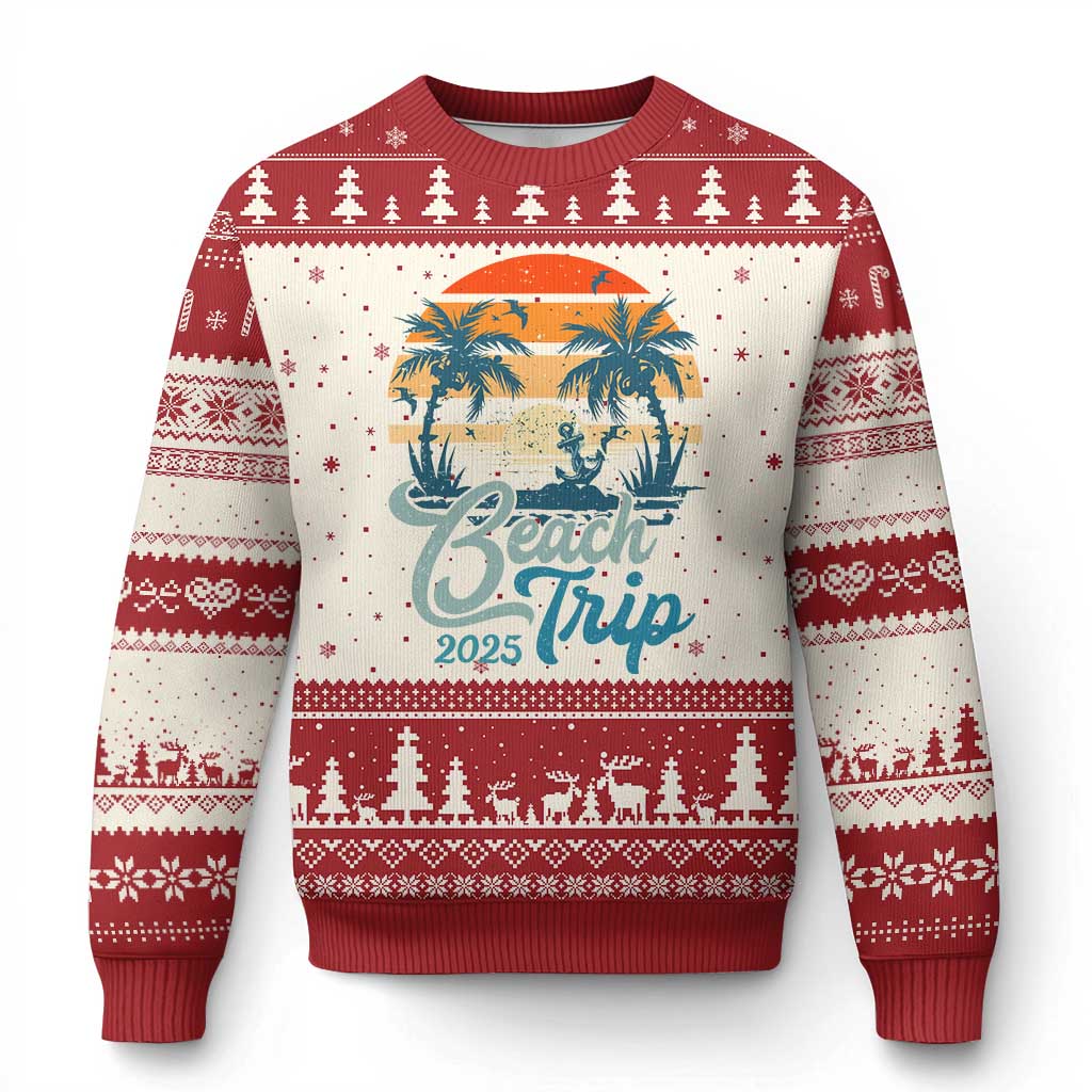 Beach Trip 2025 Ugly Christmas Sweater Summer Vacation Vintage 70's Retro TS10 Beige Red Print Your Wear